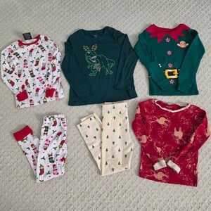 Kids Holiday Pajama Lot size 5T 5/6 Burts Bees Elf Dinosaur Reindeer